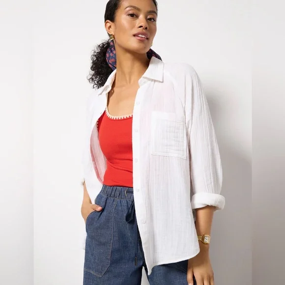 J.Crew 100% Cotton Gauze Airy Button Down Top; Beach Top; Classic Shirt; Large - Picture 2 of 10